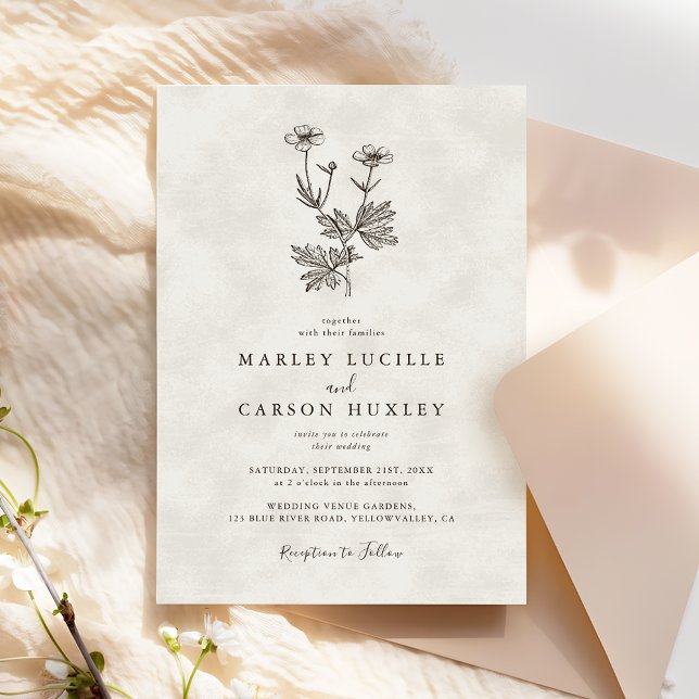 Minimalist Wildflower Ivory Texture Wedding Invitation (Creator Uploaded)