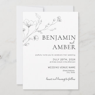 Minimalist Wildflower Lineart Drawing Boho Wedding Invitation