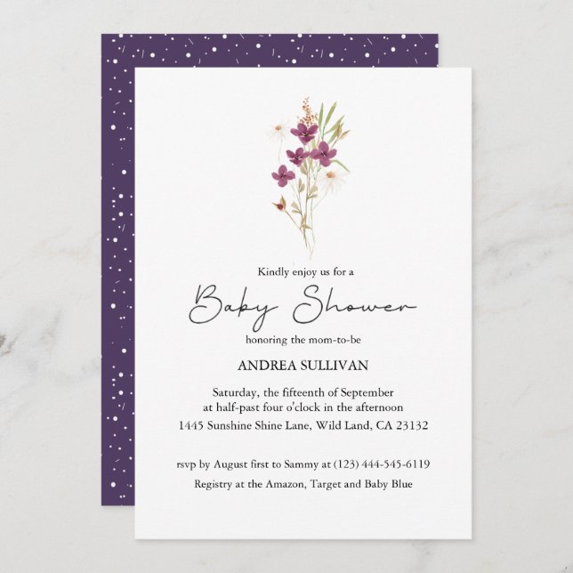 Minimalist Wildflower Purple Baby Shower Invitation (Front/Back)