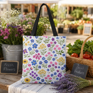 Minimalist Wildflower Seamless Pattern on White Tote Bag