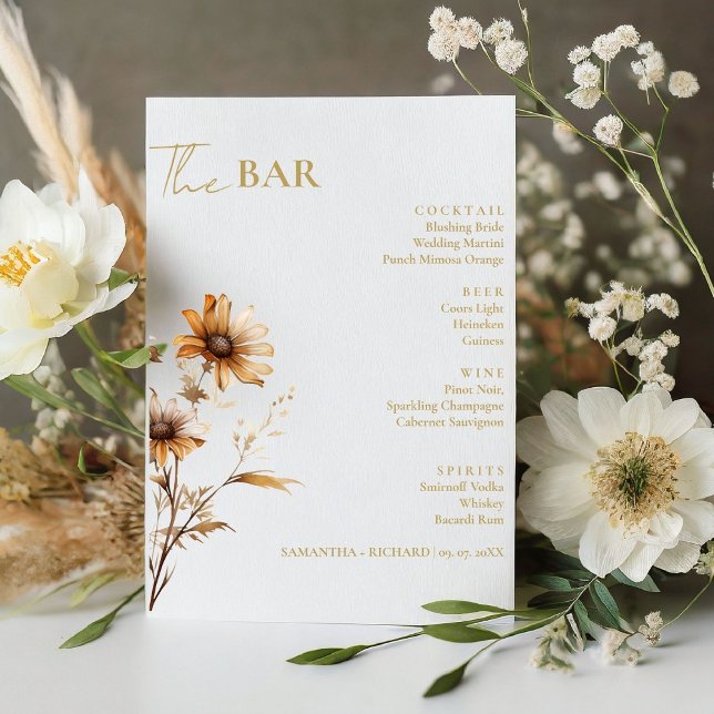 Minimalist Wildflower Wedding Drinks Bar Menu  Pedestal Sign (Creator Uploaded)