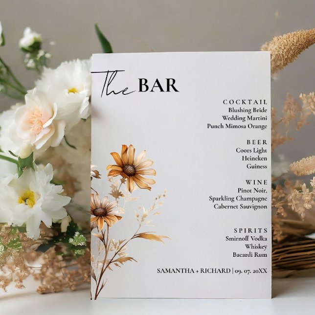 Minimalist Wildflower Wedding Drinks Bar Menu  Pedestal Sign (Creator Uploaded)