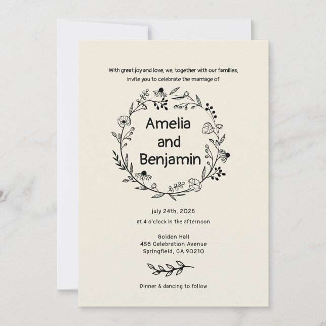 minimalist Wildflower Wreath Folk Rustic Wedding  Invitation (Front)