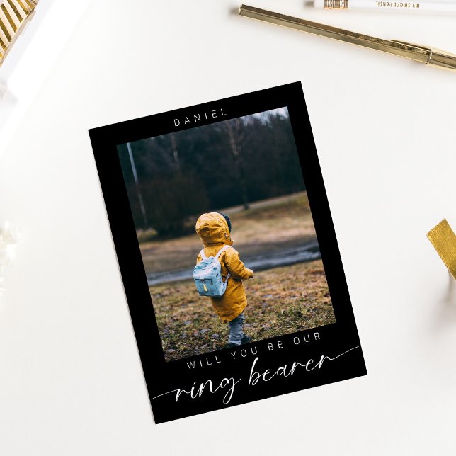 Minimalist Will you be my Ring Bearer Photo Black Invitation (Creator Uploaded)