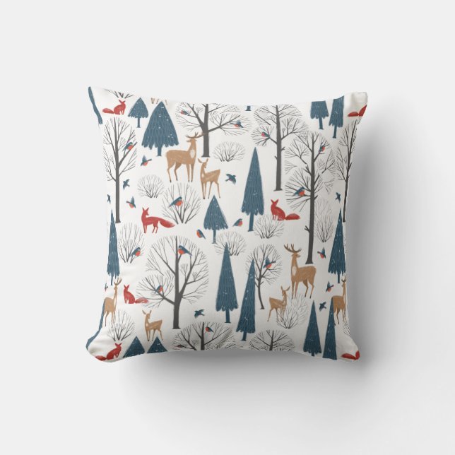Minimalist Winter Forest Animals and Trees Pattern Cushion (Front)