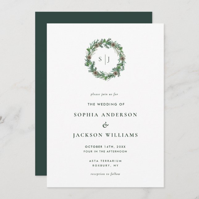 Minimalist Winter Monogram Wreath Wedding Invitation (Front/Back)