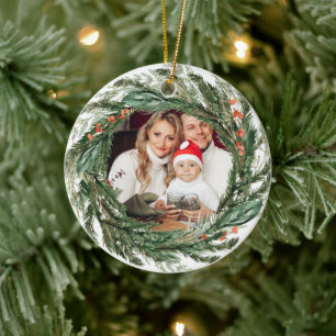 Minimalist Winter Pine Wreath Photo Ceramic Tree Decoration