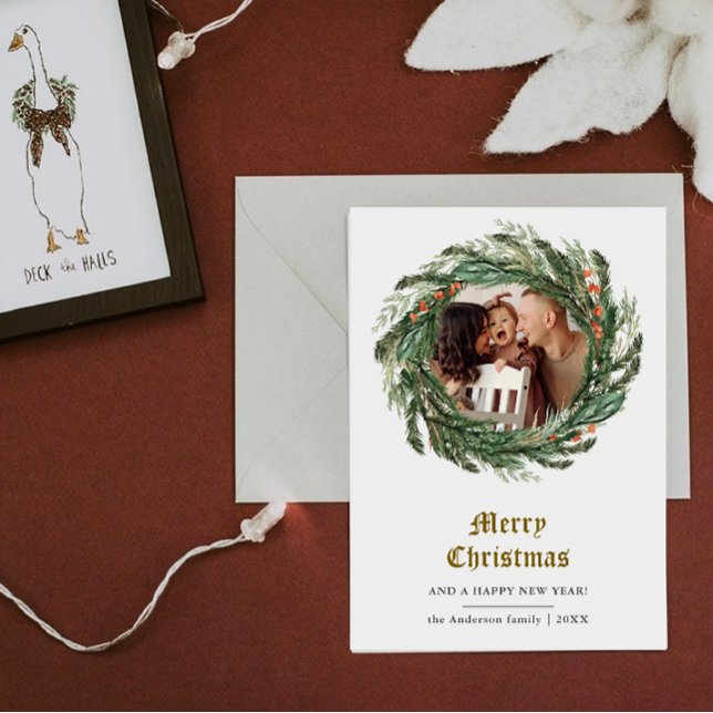 Minimalist Winter Pine Wreath Photo  Holiday Card (Creator Uploaded)