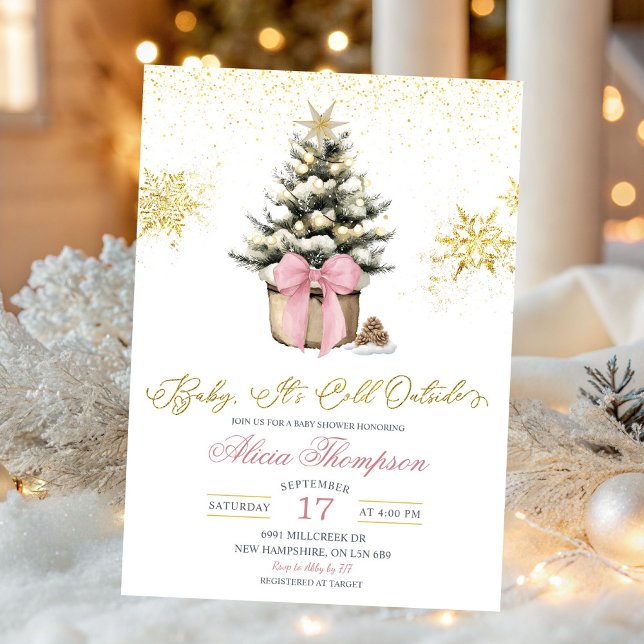 Minimalist Winter Pink Coquette Bow Baby Shower Invitation (Creator Uploaded)