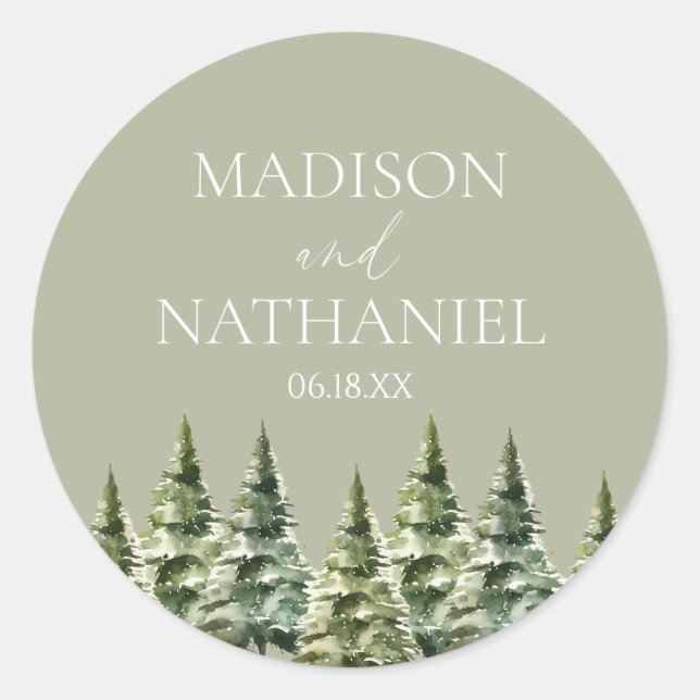 Minimalist Winter Snowy Pine Tree Forest Wedding Classic Round Sticker (Front)