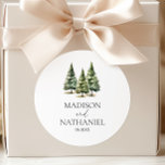 Minimalist Winter Snowy Pine Tree Forest Wedding Classic Round Sticker<br><div class="desc">This is a Minimalist Winter Snowy Pine Tree Forest Wedding Party Favour Stickers!</div>