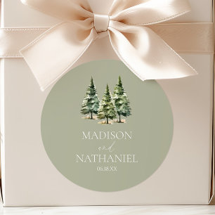 Minimalist Winter Snowy Pine Tree Forest Wedding Classic Round Sticker