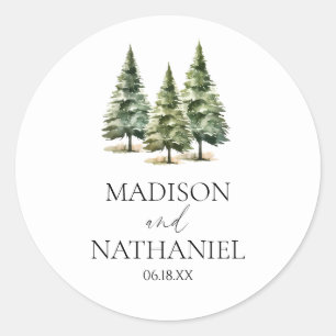 Minimalist Winter Snowy Pine Tree Forest Wedding Classic Round Sticker