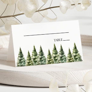 Minimalist Winter Snowy Pine Tree Forest Wedding Place Card