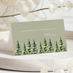 Minimalist Winter Snowy Pine Tree Forest Wedding Place Card