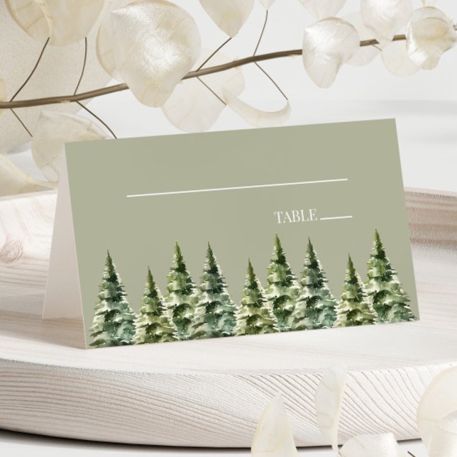 Minimalist Winter Snowy Pine Tree Forest Wedding Place Card (Creator Uploaded)