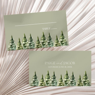 Minimalist Winter Snowy Pine Tree Forest Wedding Place Card