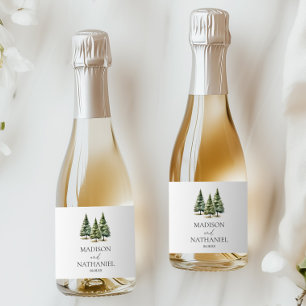 Minimalist Winter Snowy Pine Tree Forest Wedding Sparkling Wine Label