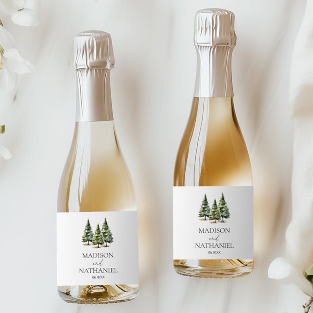 Minimalist Winter Snowy Pine Tree Forest Wedding Sparkling Wine Label (Creator Uploaded)