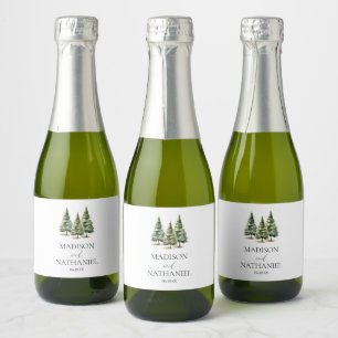 Minimalist Winter Snowy Pine Tree Forest Wedding Sparkling Wine Label