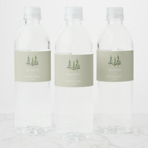 Minimalist Winter Snowy Pine Tree Forest Wedding Water Bottle Label