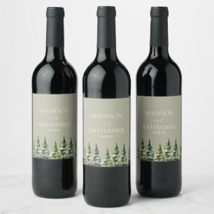 Minimalist Winter Snowy Pine Tree Forest Wedding Wine Label