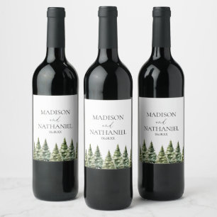 Minimalist Winter Snowy Pine Tree Forest Wedding Wine Label