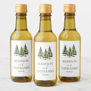 Minimalist Winter Snowy Pine Tree Forest Wedding Wine Label