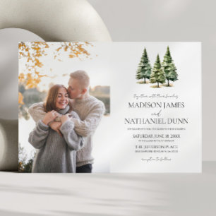 Minimalist Winter Snowy Pine Trees Picture Wedding Invitation