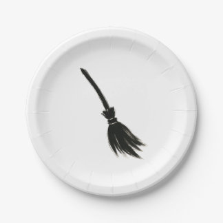 Minimalist Witch Broom – Ink Brush Design on Paper Plate