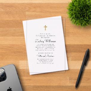 Minimalist with Faux Gold Cross Baptismal Acrylic Invitations