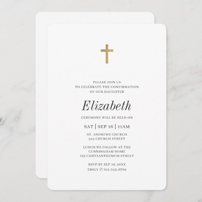 Minimalist with Faux Gold Cross Girl Confirmation Invitation (Front/Back)