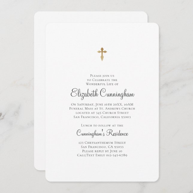 Minimalist with Faux Gold Cross Memorial Funeral Invitation (Front/Back)
