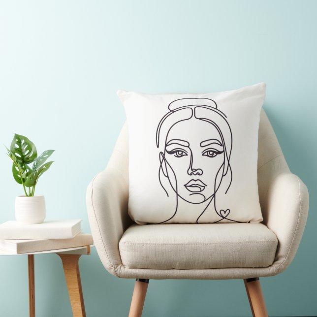 Minimalist Woman Face Line Art Throw Pillow (Chair)