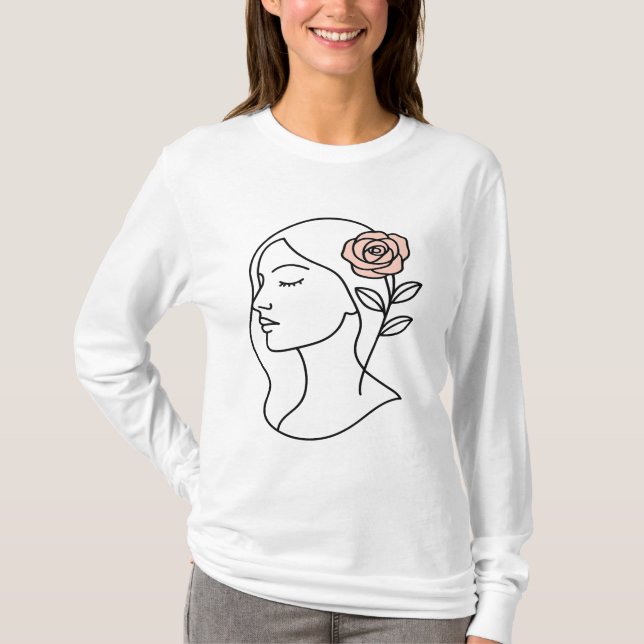 Minimalist Woman Face with Rose – Feminine Line Ar T-Shirt (Front)