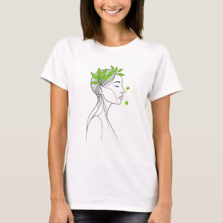 Minimalist Woman Line Art with Green Leaves T-Shirt
