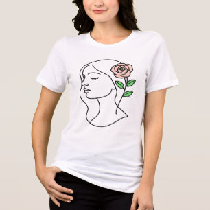 Minimalist Woman Line Art with Pink Rose Tri-Blend Shirt