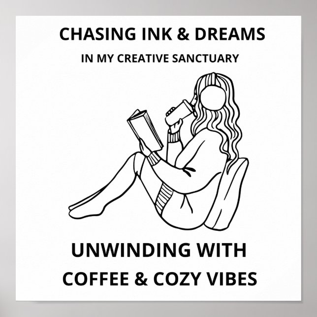 MINIMALIST WOMAN READING & COFFEE LINE ART POSTER  (Front)