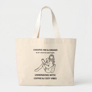 MINIMALIST WOMAN READING & COFFEE LINE ART POSTER LARGE TOTE BAG