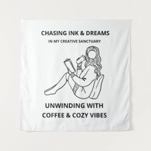MINIMALIST WOMAN READING & COFFEE LINE ART POSTER  TAPESTRY