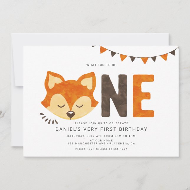 Minimalist Woodland Fox First birthday Invitation (Front)