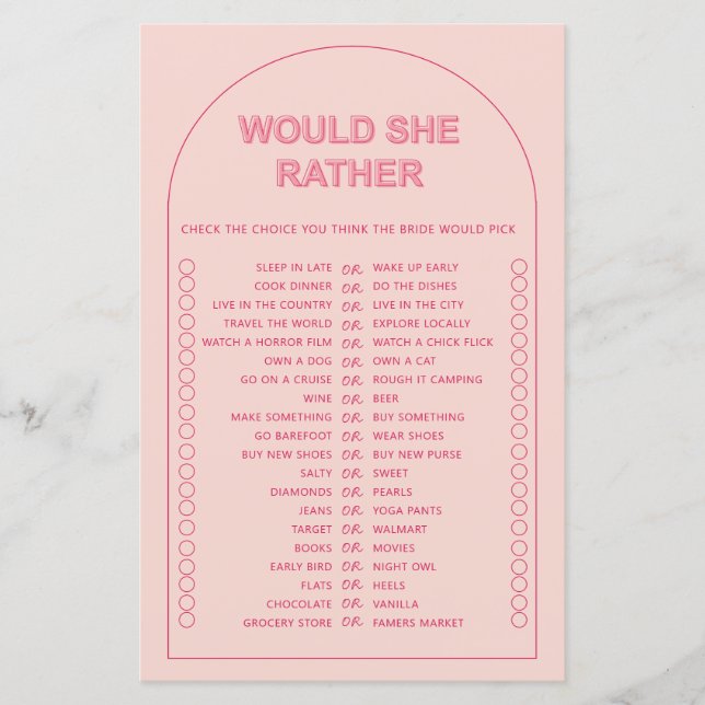 Minimalist would she rather bridal shower game fly (Front)
