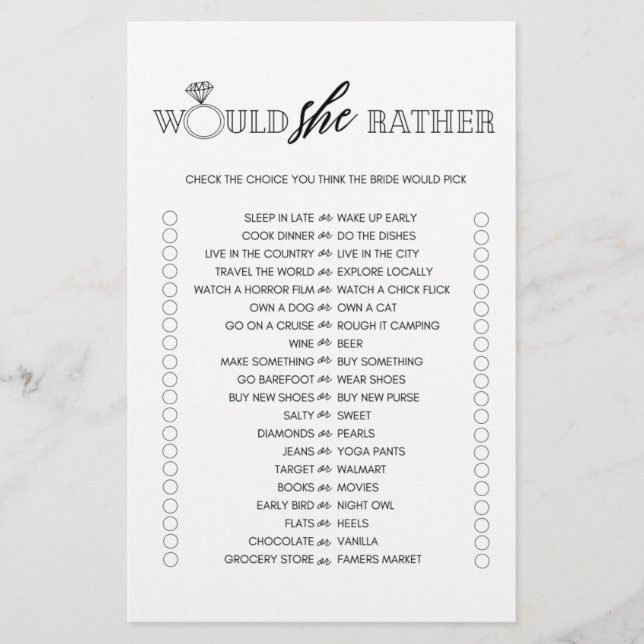 Minimalist would she rather bridal shower game flyer (Front)