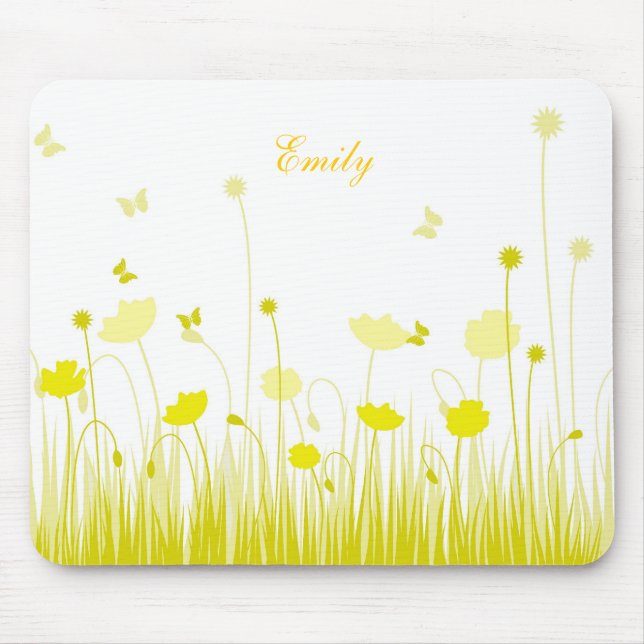 Minimalist Yellow and White Poppies Meadow Name Mouse Pad (Front)