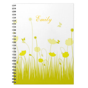 Minimalist Yellow and White Poppies Meadow Name Spiral Notebook