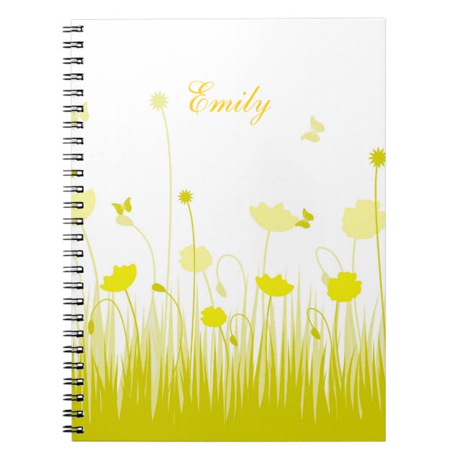Minimalist Yellow and White Poppies Meadow Name Spiral Notebook (Front)