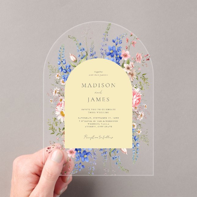 Minimalist Yellow Boho Wildflower Floral Wedding Acrylic Invitations (Insitu (Handheld))