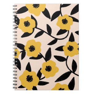 Minimalist Yellow Floral Pattern Black Leaves  Notebook