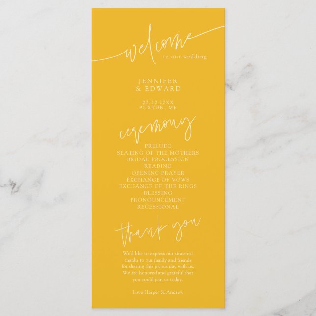 Minimalist Yellow Wedding Ceremony Program Programme (Front)