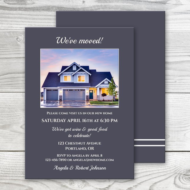 Minimalist Your Photo Housewarming Invitation (Housewarming party invitation featuring a photo of your new home framed by a simple grey blue design)